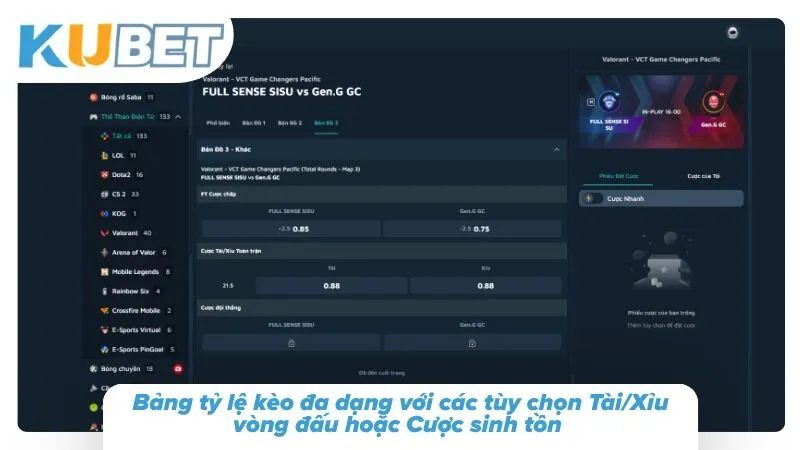 Cá Cược Esport Kubet – Cược Thể Thao Điện Tử LOL, Dota 2, CS2 Bảng tỷ lệ kèo đa dạng với các tùy chọn Tài/Xỉu vòng đấu hoặc Cược sinh tồn