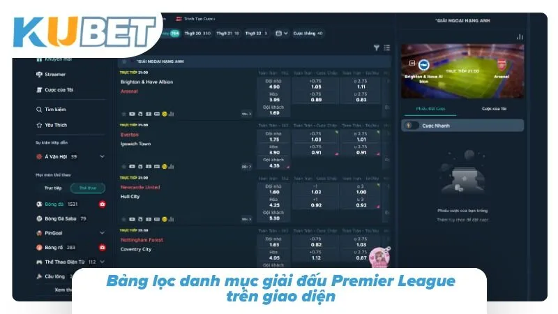 Bảng lọc danh mục giải đấu Premier League trên giao diện 
