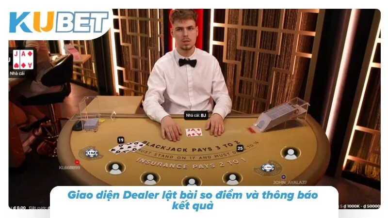 Giao diện Dealer lật bài so điểm và thông báo kết quả 
