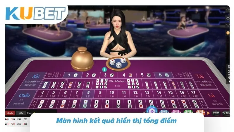 Tài Xỉu KUBET - Luật Chơi Cơ Bản Và Bí Kíp Bẻ Cầu Chuẩn Màn hình kết quả hiển thị tổng điểm